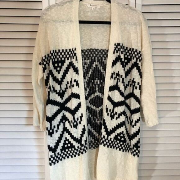 Two by Vince Camuto Cream‎ and Black Open Front Cardigan Geometric Lightweight - Picture 1 of 8